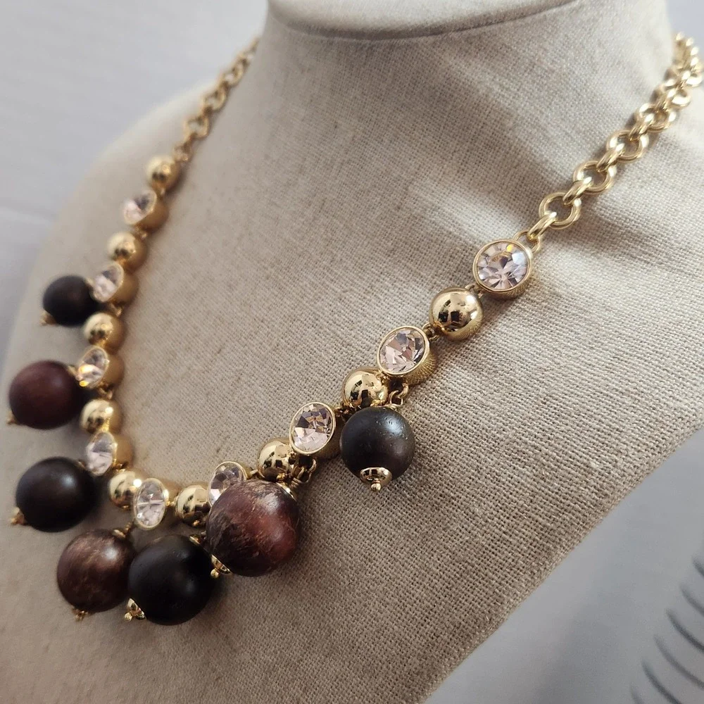 Kate Spade Gold Tone Wood Bead Crystal Statement Necklace Brown Mixed Media‎ Bib